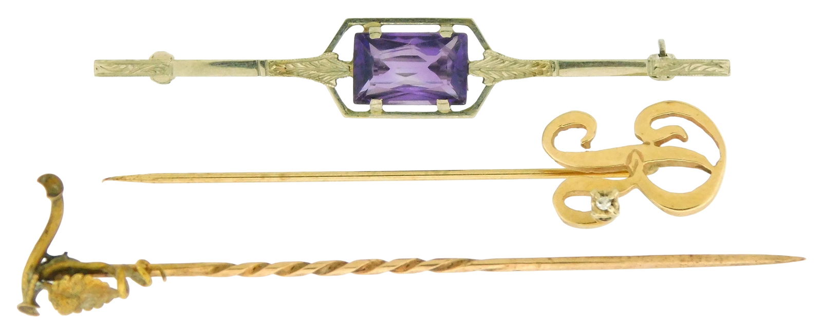 GOLD: 14k and 18k pins, three pieces, details include: 18k white gold latching pin with prong-set (1 of 3)
