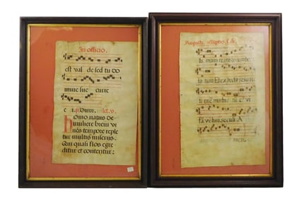 Two early framed antiphonal music sheets on vellum, full sheet visible on orange mat, black square