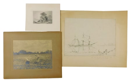 Two 19th C. drawings and one photograph sold to benefit a New England Institution, all unframed,