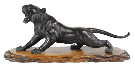 ASIAN: Large Japanese Meiji era bronze tiger sculpture, signed, acid etched stripes and details,