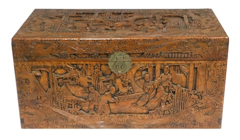 + ASIAN: Chinese carved camphor wood chest, hinged top lid with brass hardware, 3" crack on top, 19"