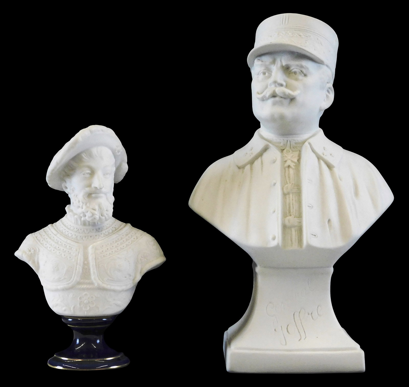 Sevres and Limoges Parian busts, two pieces, details include: Bust thought to be Francois I or King: Sevres and Limoges Parian busts, two pieces, details include: Bust thought to be Francois I or King Henri VI of France mounted on a blue-glazed plinth,1893, incised "GB" with Sevres mark under back sh