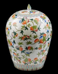 ASIAN: Chinese export ginger jar with fruit clusters on white ground, early 20th C., orange, pink,