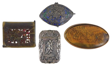 Four small boxes, sterling, horn, etc., details include: sterling card case with repousse angel with