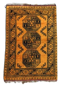 RUG: Modern Afghan Bokhara design rug, 4' 7" l. x 3' 2" w., golden yellow with three navy blue