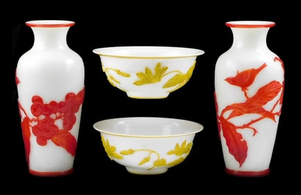 ASIAN: Peking cameo glass, Chinese, probably 20th C., four pieces, including: a pair of vases with