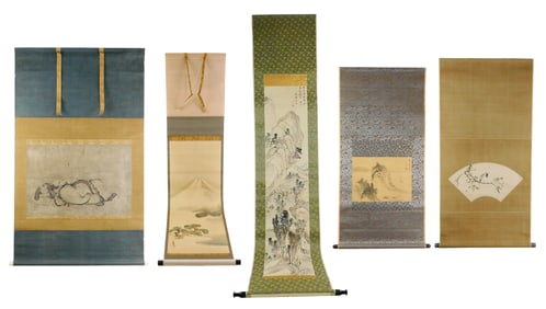 ASIAN: Five Japanese hand-painted scrolls, details include: figural drawing of men reclining, backed