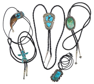 JEWELRY: Five pieces of Southwest and Zuni designs, three bolos and two pendants, silver and