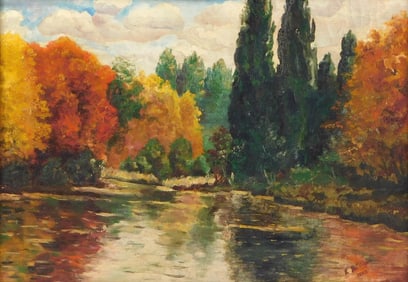 Oil on canvas landscape of autumn trees by river, c. 1923, river meanders through trees in bright