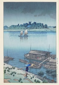 ASIAN: Kawase Hasui (Japanese, 1883-1957), "Satsuki-ame, Arakawa" (Early Summer Rain, Arakawa),