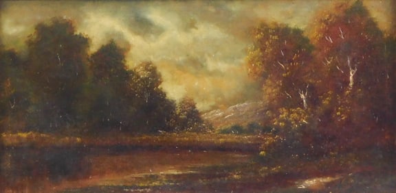 19th C. autumnal landscape, oil on canvas, landscape of river and tree-lined banks in moody brown