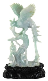 + ASIAN: Carved hardstone bird on branch, Chinese, early to mid 20th C., green stone with milky