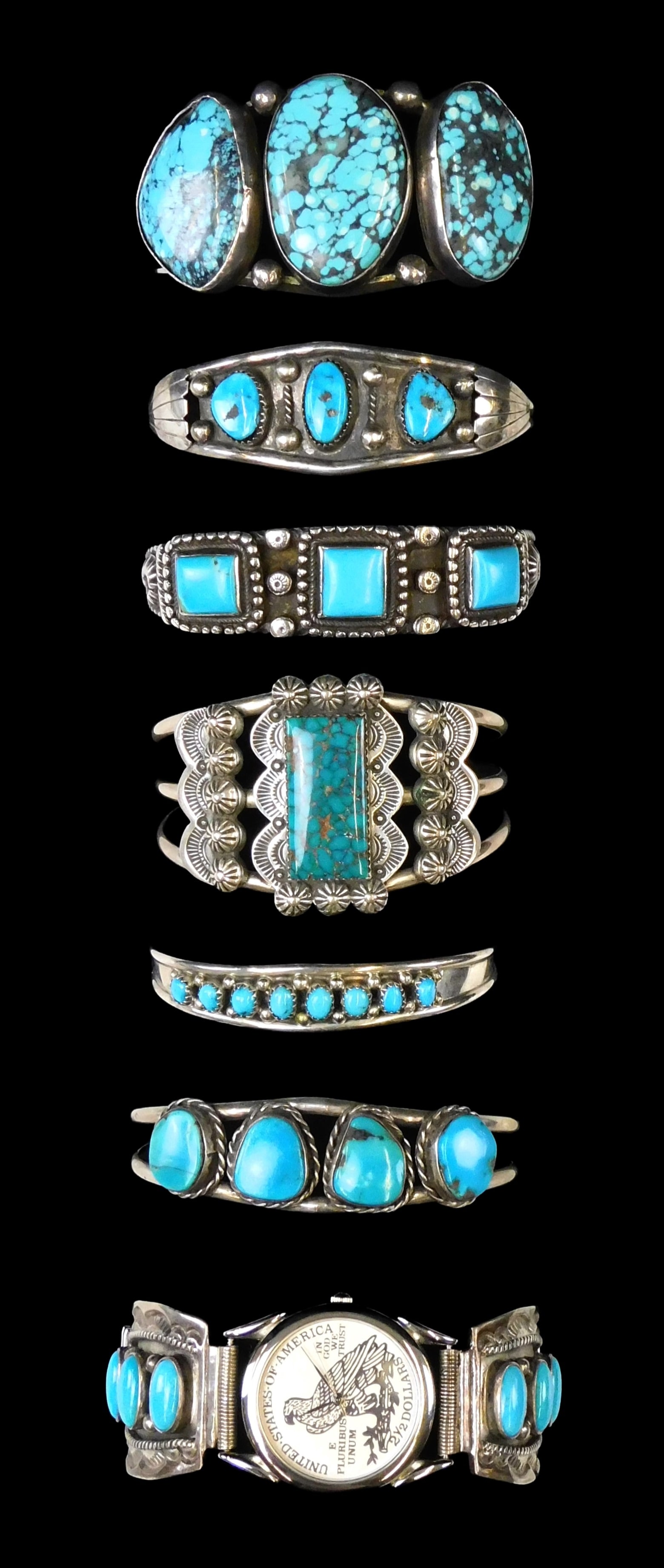 JEWELRY: Seven Southwest style silver and turquoise cuff bracelets, two stamped sterling, the rest (1 of 5)