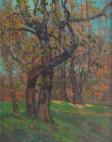 Attributed to Eugene Miles (American, 20th C.), "Rockefeller Park in October", oil on canvas, deep