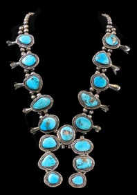 JEWELRY: Navajo style squash blossom necklace, silver and turquoise, double strand of silver beads,