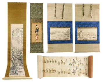 ASIAN: Five Japanese scrolls, details include: pictorial mounted Japanese Daimyo procession hand