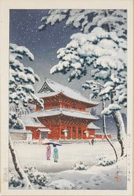 ASIAN: Tsuchiya Koitsu (Japanese, 1870-1949), "Zojoji Temple in Snow", ukiyo-e woodblock print,