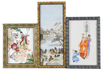 ASIAN: Three hand painted porcelain plaques, 20th C., including two Chinese, each rectangular with