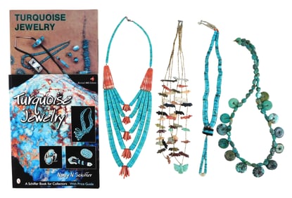 JEWELRY: Four Southwest style stone necklaces, two with turquoise hishi beads, including a