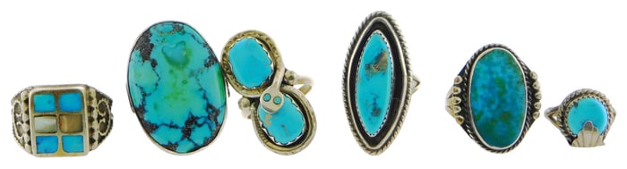 JEWELRY: Six Southwest, Navajo and Zuni silver and turquoise rings, one signed "JVB" Navajo Jimmy