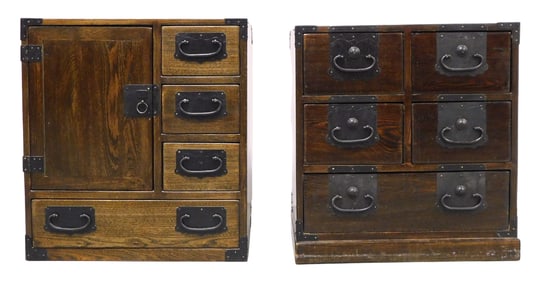 ASIAN: Pair of Japanese style tansu chests, 20th C., each with metal mounts to corners and drawers,