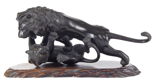 ASIAN: Large bronze group sculpture of lion fighting tiger, Japanese, Meiji period, signed, tiger wi