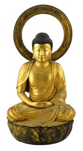ASIAN: Lacquered and gilded seated Buddha, Japanese, probably Edo Period,(aka Tokugawa period, 1603: ASIAN: Lacquered and gilded seated Buddha, Japanese, probably Edo Period,(aka Tokugawa period, 1603 - 1868), elaborately gilded and lacquered robes, slit eyes with red iris, urna with 'jewel' usnisha,
