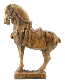 Composite Tang style horse sculpture, unmarked, finished in red and tan earth tones, crack to base