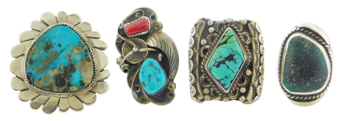 JEWELRY: Four statement Southwest and Navajo style rings, all tested silver, featuring turquoise and