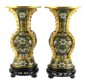 ASIAN: Pair of cloisonne vases, Chinese, 20th C., baluster form with applied crenellated trim, all