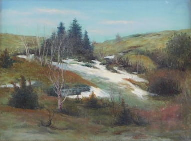 20th C. landscape with fading snow, oil on canvas board, sloping hills interspersed with evergreens,