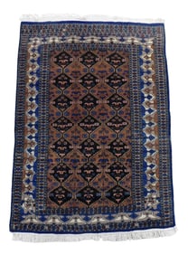 RUG: Modern Bokhara rug with unusual design, 6' l. x 4' 2" w., blue border, salmon field, designs in