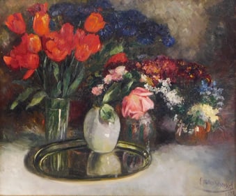 20th C. floral still life, oil on canvas, c. 1928, four vases hold various flowers, including red