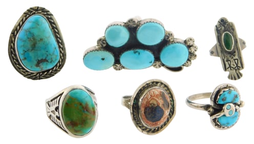 JEWELRY: Six Southwest Native American style rings, turquoise and other stones, tested silver, two