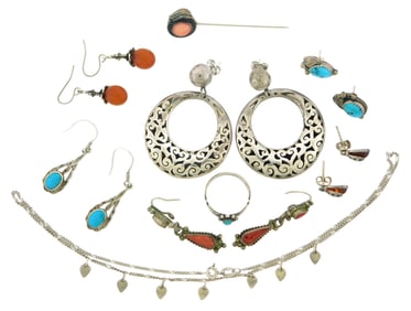 STERLING: Southwest, etc., fifteen sterling jewelry pieces, all stamped ".925", "sterling", or