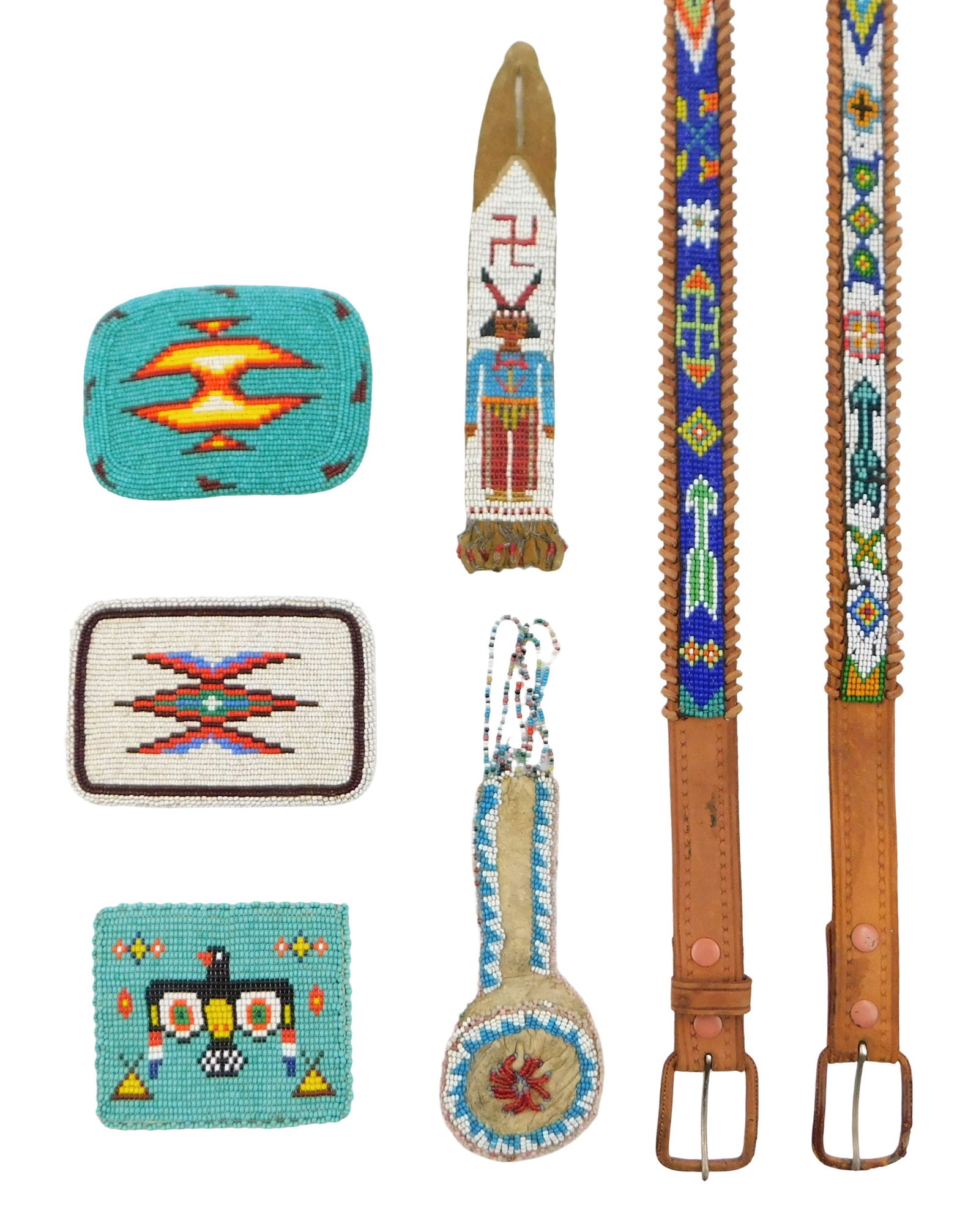 Group of seven Native American beaded adornments, including two watch fobs/key chains; a small (1 of 2)