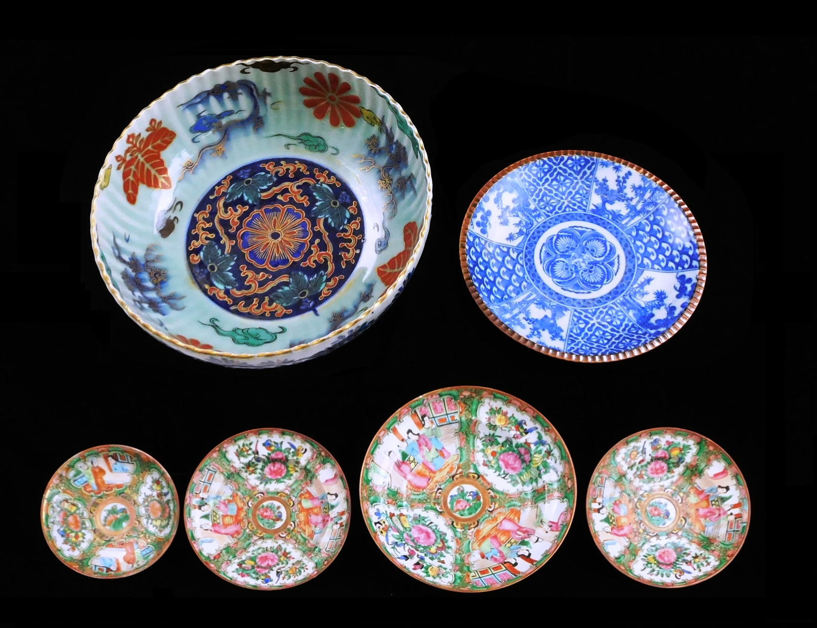 ASIAN: Six Asian ceramic pieces, including: four Famille Rose plates and dishes, all with same or (1 of 7)