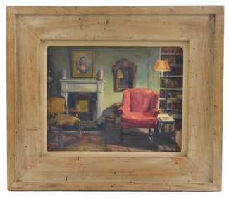 Mid-20th C. living room interior scene, oil on canvas, c. 1953, interior scene of chairs by