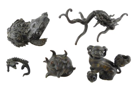 ASIAN: Five small bronze creatures, Chinese or Japanese, details include: Foo dog, money toad, two