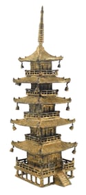 ASIAN: Gilt metal pagoda, Japanese, 19th C. or earlier, likely bronze, five tier structure with