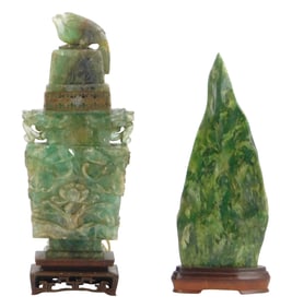 ASIAN: Two Chinese carved hardstone objects, 20th C., the first a jar converted to lamp, light green