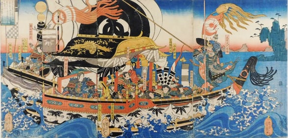 ASIAN: Woodblock triptych depicting Takenouchi no Sukune sailing towards Korea, text in upper left