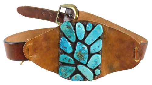 Native American Silver, leather belt featuring Navajo Ketoh, silver and turquoise bow guard cuff as