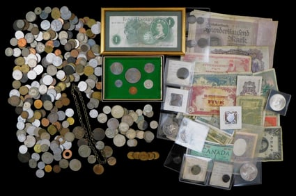 COINS: World coins and paper money, details include: three ancient coins; eight copper and silver