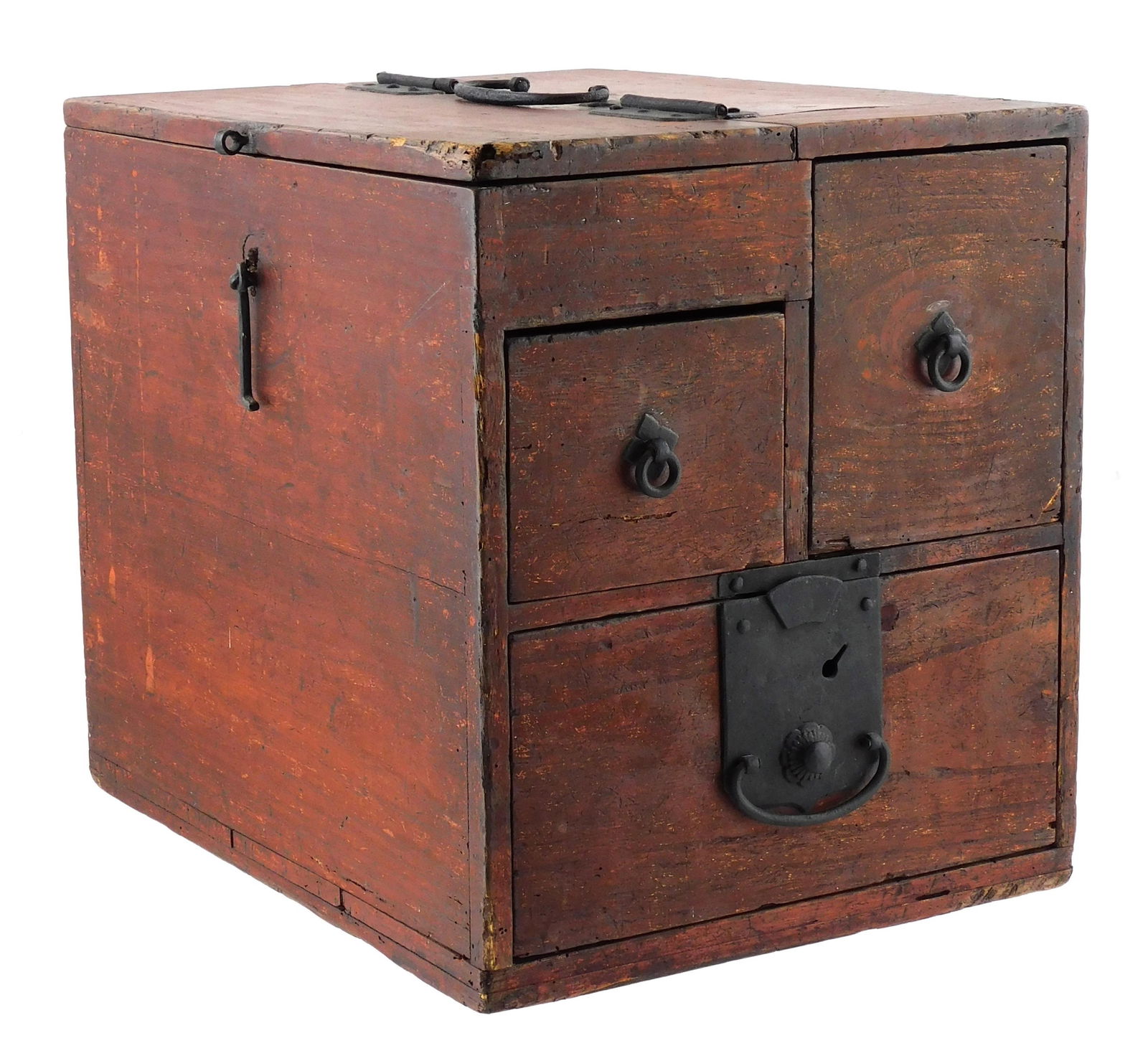 ASIAN: Japanese portable tansu chest, late 19th/ 20th C., table-top wooden calligraphy chest with (1 of 3)