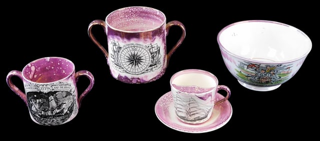 Sunderland purple lusterware table articles, five pieces, porcelain, transfer text and images,