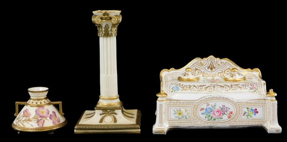 Royal Worcester, etc., three gilt porcelain desk accessories, details include: continental porcelain