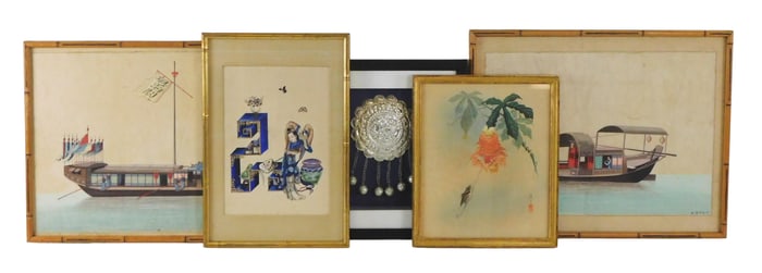 ASIAN: Five pieces of framed Asian artworks, 19th/20th C., details include: pair of Japanese boats,