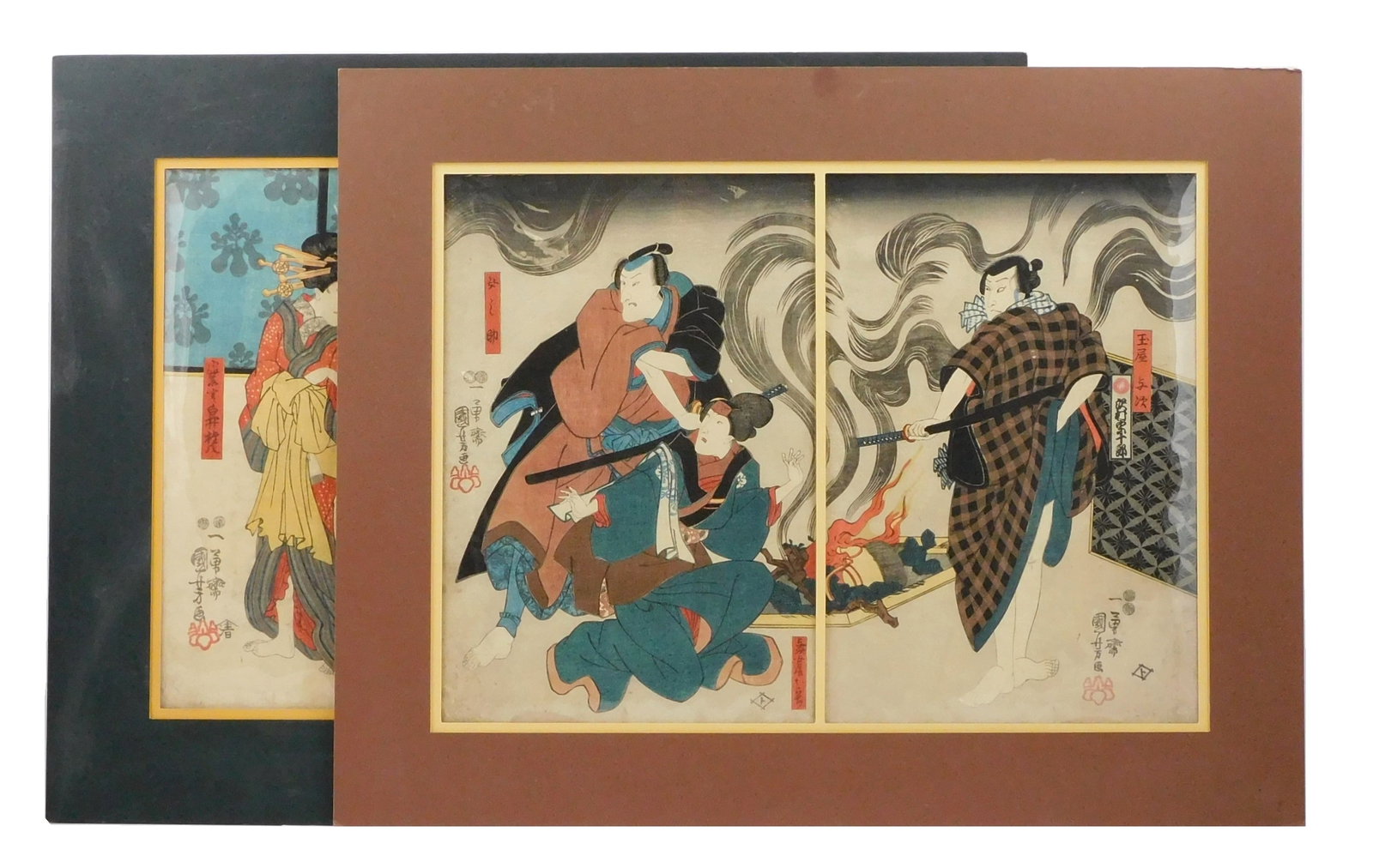 ASIAN: Two by Utagawa Kuniyoshi (Japanese,1798 - 1861) both ukiyo-e woodblock diptychs, c. 1847 -: ASIAN: Two by Utagawa Kuniyoshi (Japanese,1798 - 1861) both ukiyo-e woodblock diptychs, c. 1847 - 1852, the first depicts a scene from the play 'Zoha Tsukushi no iezuto', with two standing male figure