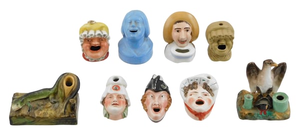 Staffordshire, nine figural inkwells, porcelain or ceramic, few marked, most polychrome, details